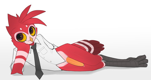 accessory anthro bottomless clothed clothing digitigrade feet femboy genitals male necktie office_clothing orange_penis penis solo talons toes topwear topwear_only roonefox elliot_(roonefox) avian bird owl absurd_res hi_res