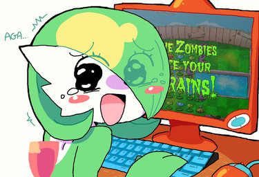 bodily_fluids computer electronics female gaming hair hair_over_eye keyboard looking_back not_furry open_mouth open_smile plant playing_video_game smile solo tears melfunnysmell electronic_arts nintendo plants_vs._zombies pokemon popcap_games gaba_(melfunnysmell) chomper_(pvz) elemental_creature flora_fauna gardevoir generation_3_pokemon humanoid peashooter_(pvz) pokemon_(species) potato_mine_(pvz) snow_pea_(pvz)