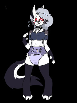 alternative_fashion anthro bodily_fluids choker clean_diaper clothed clothing crotch_tuft diaper embarrassed female jewelry necklace nervous nervous_sweat piercing solo sweat tuft wearing_diaper j246 hellaverse helluva_boss mythology loona_(helluva_boss) canid canid_demon canine demon hellhound mammal mythological_canine mythological_creature hi_res