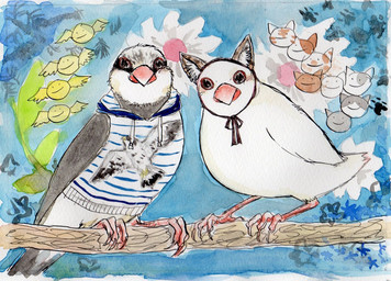 ambiguous_gender beak branch clothed clothed_feral clothing duo fake_cat_ears fake_ears feathers feral grey_body grey_feathers hoodie on_branch topwear white_body white_feathers wings sibaketsu avian bird java_sparrow oscine passerine sparrow 2013 painting_(artwork) traditional_media_(artwork) traditional_painting_(artwork) traditional_watercolor_(artwork) watercolor_(artwork)