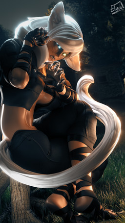 big_ears black_clothing bodily_fluids breasts clawing claws clothed clothing colored_nails curled curled_tail curled_up curling_toes cute_pose digit_ring feet female fur gem gesture glistening glistening_body glistening_skin hair heterochromia jewelry long_hair long_nails long_toe_claws long_toenails looking_at_viewer nails paw_pose ponytail pose ring silver_(metal) silver_jewelry silver_ring snarling solo sports_tape sweat tail tape toe_claws toe_ring toenails toes white_body white_fur white_hair white_tail wraps elasid clover_(elasid) animal_humanoid felid felid_humanoid feline feline_humanoid felis humanoid hybrid mammal mammal_humanoid 3d_(artwork) absurd_res digital_media_(artwork) hi_res