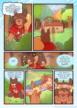 6_panel_comic body_hair bottomwear brown_body brown_fur brown_hair chest_hair clothing curved_horn digitigrade dot_eyes flower flower_crown forest fur hair hood horn inner_monologue loincloth male plant sack simple_eyes smile solo stubble text thinking thought_bubble tree wide_eyed darkchibishadow solanaceae sal_(solanaceae) humanoid mammal satyr comic english_text