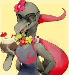 anthro bendy_straw beverage drinking_straw duo eyes_closed eyewear female flower flower_on_head hand_on_hip open_mouth plant simple_background smile solo_focus sunglasses tongue umbrella psibunny nintendo pokemon comfey generation_7_pokemon lizard pokemon_(species) reptile salazzle scalie 2016