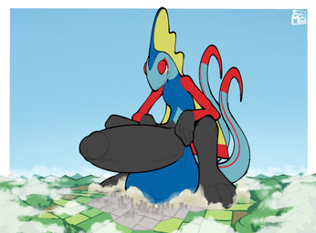 2_tails anthro balls bedroom_eyes big_balls big_penis city cloud crouching genitals high-angle_view huge_balls huge_penis hyper hyper_balls hyper_genitalia hyper_penis looking_down looking_down_at_genitalia looking_down_at_penis macro male multi_tail narrowed_eyes penis seductive solo tail supermattym8 nintendo pokemon inteus_(mmpw) generation_8_pokemon inteleon pokemon_(species) hi_res