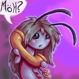 abstract_background ambiguous_gender antennae_(anatomy) blush blush_stickers dialogue electronics hair holding_object holding_phone landline_phone long_hair phone phone_call solo speech_bubble text unknown_artist arthropod insect lepidopteran moth 1:1 digital_media_(artwork) low_res unknown_text