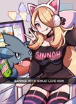 ambiguous_gender anthro beverage beverage_can big_breasts black_clothing black_shirt black_topwear blonde_hair blue_eyes bottomwear breasts choker clothed clothing cynthia_(pokemon) desk digital_media_(artwork) duo electronics english_text female filter fin furniture generation_4_pokemon gesture gible hair hair_over_eye headphones hi_res holding_beverage holding_object human inside jewelry keyboard legwear livestream looking_at_viewer looking_back mammal monitor mountain_dew necklace nintendo notched_fin one_eye_obstructed open_mouth pokemon pokemon_(species) pokemon_champion selfie shirt smile snapchat soda stockings table text text_on_clothing text_on_topwear tongue topwear touyarokii