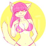 anthro big_breasts bikini bra breasts cat_tail clothing colored_nails communism female fur hair hammer_and_sickle hammer_and_sickle_bikini nails panties pink_bra pink_clothing pink_hair pink_nails pink_nose pink_panties pink_underwear politics pose smile solo swimwear two-piece_swimsuit underwear yellow_body yellow_eyes yellow_fur yellow_skin crazy_guy_(artist) domestic_cat felid feline felis mammal 1:1