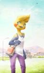 anthro avian bird blonde_hair blue_eyes bottomwear clothed clothing detailed_background digital_media_(artwork) female flat_chested hair outside pants pelboy shirt sky solo standing tank_top topwear