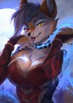 anthro big_breasts breasts clothed clothing eyebrows eyelashes female grey_hair hair open_mouth solo teeth tongue vagabondbastard fhyra canid canine canis jackal mammal 2021 digital_media_(artwork) hi_res