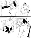 anthro balls belly big_belly blindfold blush bodily_fluids bottomwear clothing genitals group kemono male overweight overweight_male penis sex shirt shorts sweat text topwear walking bonedra bear canid canine canis domestic_dog giant_panda mammal 2022 absurd_res black_and_white comic hi_res japanese_text monochrome