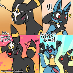 anthro balls blush blush_lines bodily_fluids celebrating cum cum_on_face dialogue duo feral genital_fluids genitals happy humor knot male one_eye_closed penis shocked wink blitzdrachin conditional_dnp nintendo pokemon canid eeveelution generation_2_pokemon generation_4_pokemon lucario mammal pokemon_(species) umbreon 1:1 2020 comic digital_drawing_(artwork) digital_media_(artwork)