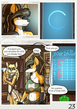 anthro blonde_hair blue_eyes brown_hair dialogue fantasy female fur hair large_spitz long_hair medieval red_eyes text white_body white_fur yellow_body yellow_fur conditional_dnp zaiksmckraven the_quest_for_quests tqfq grace_o'malley madlaine_mckraven canid canine canis domestic_dog fox german_spitz mammal spitz animated animated_comic animated_gif comic english_text hi_res short_playtime