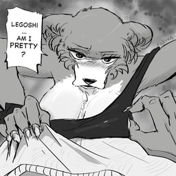anthro areola areola_slip bedroom_eyes big_breasts blush blush_lines breast_squish breasts claws cleavage clothed clothing dominant dominant_female dress drunk duo eyebrows eyelashes female grabbing looking_at_viewer male male/female manga_style narrowed_eyes off_shoulder pinned question seductive squish substance_intoxication undressing wardrobe_malfunction foxtra oxtra beastars juno_(beastars) legoshi_(beastars) canid canine canis humanoid mammal wolf 1:1 hi_res