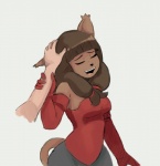 armwear brown_hair clothing detached_sleeves duo eyes_closed female hair open_mouth petting simple_background smile solo_focus white_background dogma ankama dofus wakfu miranda_(wakfu) ecaflip felid humanoid mammal