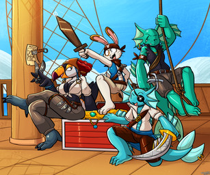 4_fingers anthro arm_fin beak_scar big_breasts black_body black_claws black_clothing black_eyes black_feathers black_topwear black_vest blue_body blue_clothing blue_scales blue_topwear blue_vest bottomwear breasts brown_body brown_fur claws cleavage clothed clothing crossed_legs dot_eyes feathers feet female fin fin_piercing fingers fur furgonomic_piercing furgonomics green_body green_scales grey_bottomwear grey_clothing grey_pants group half-closed_eyes head_fin headgear headkerchief headwear holding_melee_weapon holding_object holding_sword holding_weapon kerchief male melee_weapon midriff narrowed_eyes orange_headkerchief orange_kerchief pants piercing red_bottomwear red_clothing red_headkerchief red_kerchief red_pants scales shirt simple_eyes smile sword tail tail_fin tail_piercing talons tan_bottomwear tan_clothing tan_pants toes topwear treasure treasure_chest vest wanted_poster weapon whiskers white_body white_clothing white_feathers white_fur white_shirt white_topwear wooden_sword felino captain_flintlock_(felino) hookport_sharptooth_(felino) irontalon_longbeak_(felino) starsteel_sharptooth_(felino) aquatic avian bird characiform fish lagomorph leporid mammal piranha_(fish) rabbit serrasalmid toucan 2026 6:5 absurd_res hi_res brother_(lore) brothers_(lore) sibling_(lore)