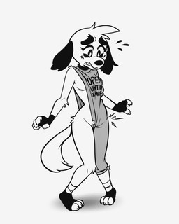 anthro arm_tuft bodily_fluids breasts clenched_teeth clothing crossed_feet eyebrows eyelashes feet female flying_sweatdrops legs_together pigeon_toed shoulder_tuft solo sweat sweatdrop sweater teeth topwear tuft senorkah brooklyn_sweater canid canine canis domestic_dog mammal 2025 hi_res monochrome