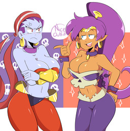 alternate_costume angry bandeau biped blue_body blue_eyes blue_skin bottomwear closed_frown clothing clothing_swap compliment cross-popping_vein dialogue duo ear_piercing ear_ring female frown gesture hair half-closed_eyes hand_gesture harem_outfit humanoid_pointy_ears long_hair midriff mouth_closed narrowed_eyes navel not_furry open_mouth open_smile pants piercing pointing pointing_at_another pointy_ears ponytail purple_bottomwear purple_clothing purple_hair purple_pants purple_topwear red_bandeau red_bottomwear red_clothing red_eyes red_pants red_topwear ring_piercing smile speech_bubble text topwear jinu shantae_(series) wayforward risky_boots shantae genie humanoid 2017 digital_drawing_(artwork) digital_media_(artwork) english_description english_text hi_res portrait three-quarter_portrait