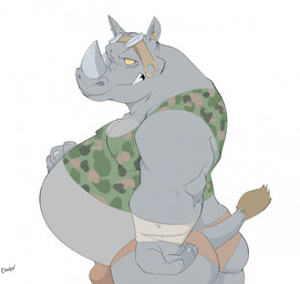 anthro belly big_belly briefs bulge camo camo_print clothing eyewear goggles grey_body hand_on_belly horn male overweight overweight_male shirt side_view solo tail tank_top thong topwear underwear yellow_eyes canson teenage_mutant_ninja_turtles rocksteady mammal rhinoceros hi_res