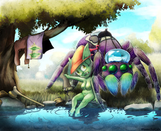 ambiguous_gender big_breasts boots bottomless breasts clothed clothing club_(weapon) detailed_background duo female feral footwear genitals grass green_body green_eyes hat hat_only headgear headgear_only headwear headwear_only holding_object melee_weapon mostly_nude multi_eye multi_limb nipples open_mouth outside plant pubes purple_body rock saddle shoes shortstack teeth topless tree vulva water weapon wizard_hat yellow_eyes greenbuncafe hainisha arachnid araneomorph arthropod goblin humanoid jumping_spider mammal spider absurd_res colored digital_drawing_(artwork) digital_media_(artwork) hi_res shaded signature