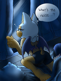anthro back_wings big_ears bra clothing curtains female groggy mattress mattress_on_floor membrane_(anatomy) membranous_wings night pillow pointed_tail pointy_ears solo underwear window wings memem_105 sega sonic_the_hedgehog_(series) rouge_the_bat bat mammal 3:4 hi_res signature