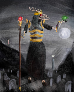 anthro antlers armor cemetery chainmail crown dark_magic fingers gold_(metal) gold_armor headgear hooved_fingers hooves horn light magic magic_user male moon moonlight necromancer necromancy red_eyes solo text tomijelen heroes_of_might_and_magic_3 deer lich mammal undead 4:5 absurd_res english_text hi_res