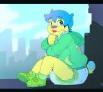 anthro biped blue_body blue_fur blue_hair candy clean_diaper clothed clothing dessert diaper eating food fur hair happy hoodie looking_at_viewer multicolored_body multicolored_fur outside sitting smile solo topwear two_tone_body two_tone_fur wearing_diaper yellow_body yellow_fur young young_anthro bubblepuppers bubblegum_(bubblepuppers) canid canine canis domestic_dog mammal hi_res