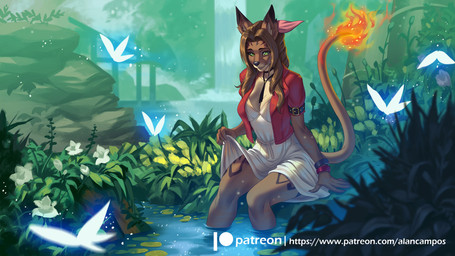 alternate_species anthro arms_bent bent_legs brown_hair clothed clothing clothing_lift female fire flaming_tail flower furrification grass green_eyes hair knock-kneed legs_in_water legs_over_edge logo over_edge partially_submerged patreon_logo plant sitting soaking_feet solo submerged_legs tail text thin_tail water waterfall website_logo alanscampos final_fantasy final_fantasy_vii patreon square_enix aerith_gainsborough mammal 16:9 2020 digital_media_(artwork) hi_res url widescreen