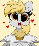 blonde_hair cupcake feathered_wings feathers female feral food grey_body grey_feathers grey_wings hair heart_symbol holding_object open_mouth orange_eyes quadruped simple_background solo tan_background tongue tray wings kittyrosie friendship_is_magic hasbro my_little_pony mythology derpy_hooves_(mlp) equid equine horse mammal mythological_creature mythological_equine pegasus pony 2021 absurd_res hi_res