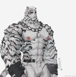 abs anthro areola barazoku big_muscles clothed clothing eyebrows looking_at_viewer male muscular muscular_anthro muscular_arms muscular_male nipples pecs scar solo stripes tail topless topless_anthro topless_male white_body dry_skeleton arknights hypergryph studio_montagne mountain_(arknights) felid mammal pantherine tiger absurd_res colored hi_res