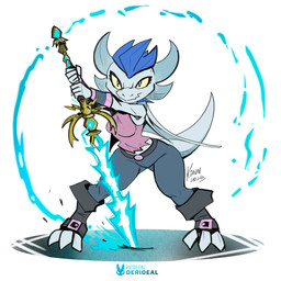 anthro armor blue_hair bracers breasts clothed clothed_female clothing female grey_body grey_scales hair horn looking_at_viewer medium_breasts melee_weapon membrane_(anatomy) membranous_wings non-mammal_breasts scales solo sword tail thick_thighs weapon wings kiaun kobold scalie 1:1 2026 hi_res