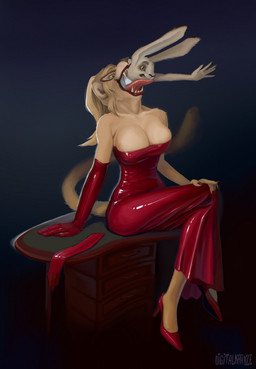 anthro armwear big_breasts breasts claws clothing colored_nails dress duo elbow_gloves eyewear fangs female footwear fur furgonomics furniture glasses gloves handwear high_heels latex latex_clothing latex_dress latex_gloves latex_handwear lips lipstick makeup male male/female nails on_table oral_vore partially_inside reaching shoes sitting sitting_on_table swallowing table tan_body tan_fur teeth tongue tongue_out vore white_body white_fur nst123 felid lagomorph leporid lion mammal pantherine rabbit hi_res