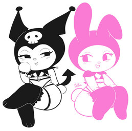anthro blush blush_lines bra clothing curvy_figure duo eyelashes female female/female flirty_expression fur hood long_socks looking_at_another looking_at_partner scut_tail short_tail simple_background simplistic spade_tail tail tongue tongue_out underwear white_background white_body white_fur wide_hips onigiri_punch onegai_my_melody sanrio kuromi my_melody imp lagomorph leporid mammal rabbit