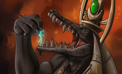 anthro black_body clothing duo egyptian egyptian_clothing egyptian_headdress green_eyes imminent_vore macro male muscular muscular_male open_mouth sharp_teeth size_difference soul_vore teeth alri_(artist) egyptian_mythology middle_eastern_mythology mythology sobek crocodile crocodilian reptile scalie hi_res