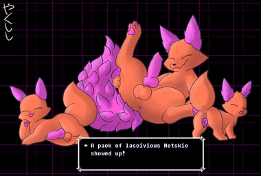 animal_genitalia animal_penis animal_vulva anus balls blep canine_genitalia canine_penis canine_vulva eyes_closed female feral genitals group hand_on_hip head_on_hand looking_back lying male mouth_closed on_back on_side open_mouth penis plant text tongue tongue_out trio vulva conditional_dnp yakukitsu deltarune undertale_(series) canid canine elemental_creature flora_fauna fox hybrid mammal netskie english_text hi_res signature