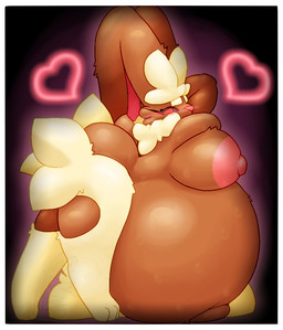 anthro arm_on_breasts bedroom_eyes belly bent_over big_belly big_breasts big_butt big_nipples black_background black_sclera bodily_fluids border breasts brown_body brown_fur butt cheek_tuft eyebrows eyelashes facial_tuft feet female fluffy fur glistening glistening_body glowing glowing_eyes hand_behind_head heart_symbol hindpaw huge_breasts huge_butt hyper hyper_pregnancy leaning leaning_forward leaning_on_belly leg_fluff leg_tuft long_ears looking_at_viewer narrowed_eyes navel neck_tuft nipples outie_navel paws pink_eyes pink_nipples pink_nose pose pregnant pregnant_anthro pregnant_female purple_background seductive short_tail simple_background solo spread_legs spreading standing sweat tail thick_thighs thigh_high_fur thigh_tuft tuft white_border yellow_body yellow_fur lewded_blaze nintendo pokemon lupi_(lewded_blaze) generation_4_pokemon lopunny pokemon_(species)