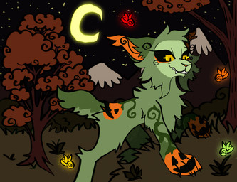 female feral fur green_body green_fur holidays moon mountain night outside plant smile solo star tree yellow_eyes wispyvixen halloween felid feline mammal 2023 hi_res