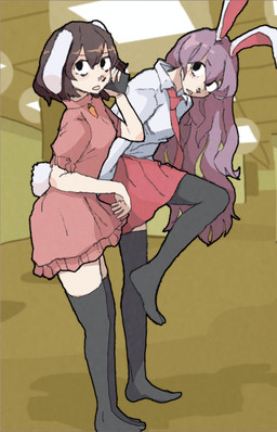 absolute_territory black_clothing black_legwear black_thigh_highs bottomwear brown_hair cellphone clothed clothed_female clothed_humanoid clothing collared_shirt dress duo electronics female floppy_ears hair holding_cellphone holding_object holding_phone holding_smartphone inside legwear long_sleeves looking_at_viewer lop_ears necktie no_shoes on_one_leg open_mouth phone pink_clothing pink_dress purple_hair red_bottomwear red_clothing red_necktie red_skirt scut_tail shirt short_sleeves short_tail skirt smartphone standing tail thigh_highs topwear white_clothing white_ears white_shirt white_tail white_topwear hhonchkrow234 the_backrooms touhou reisen_udongein_inaba tewi_inaba animal_humanoid humanoid lagomorph lagomorph_humanoid leporid_humanoid mammal mammal_humanoid rabbit_humanoid 2024 absurd_res full-length_portrait hi_res letterbox portrait