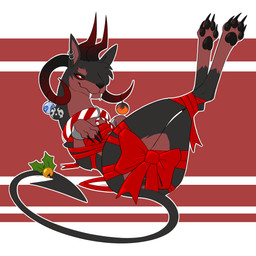 barely_visible_genitalia bdsm bondage bound bow_(feature) bow_ribbon candy candy_cane claws collar convenient_censorship crotch_bow curved_horn dessert ear_piercing fangs female feral feral_with_hair food fur genitals gift gift_wrapped grin hair holidays horn multicolored_body multicolored_fur paws person_as_gift person_present piercing presenting pupils red_eyes ribbon_bondage ribbons simple_background slave slit_pupils smile solo teeth two_tone_body two_tone_fur halbean christmas mythology monica_(halbean) canid canid_demon canine demon hellhound mammal mythological_canine mythological_creature 1:1 2018 absurd_res censored hi_res