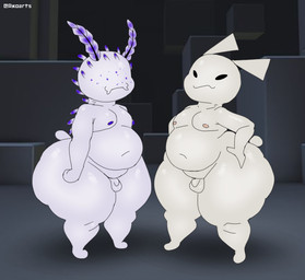anthro balls big_butt black_ears butt duo eyeless freckled_face freckles front_view fur genitals hands_on_hips hands_on_own_hips looking_at_viewer male moobs navel nipples nude penis pink_nipples pose purple_body purple_nipples purple_tail scut_tail short_tail shortstack shortstack_male slightly_chubby small_balls small_penis smile standing tail text thick_thighs white_body white_ears white_fur white_tail axoarts pressure_(roblox) roblox deep_sea_bunny_(pressure) gubby_(roblox) aquatic aquatic_gastropod gastropod gubby_(species) jorunna_parva lagomorph leporid mammal mollusk nudibranch rabbit sea_slug slug 2025 artist_name digital_media_(artwork) hi_res