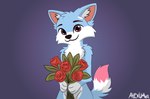 anthro blue_body blue_fur dipstick_tail flower fluffy fur male markings pink_eyes pink_tail_tip plant rose_(flower) solo tail tail_markings alexumka umkashka canid canine canis domestic_cat domestic_dog felid feline felis fox mammal hi_res wallpaper