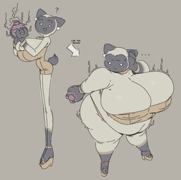 4_fingers anthro bangle before_and_after belly big_belly big_breasts big_butt bracelet breasts butt cleavage cleavage_overflow clothed clothed_anthro clothed_female clothing digit_ring dress ear_piercing ellipsis female female_anthro fertility_idol finger_ring fingers footwear gloves_(marking) grey_background hand_on_head hand_on_own_head high_heels holding_object huge_belly huge_breasts idol_(object) jewelry leg_markings looking_at_self looking_at_viewer markings mole_(marking) mole_on_breast obese obese_anthro obese_female open_mouth open_smile overweight overweight_anthro overweight_female piercing question_mark sculpture shoes simple_background smile socks_(marking) solo statue tail text thick_thighs tight_clothing weight_gain aortauricle minke_(aortauricle) domestic_cat felid feline felis mammal 2026 digital_drawing_(artwork) digital_media_(artwork) english_text hi_res sequence
