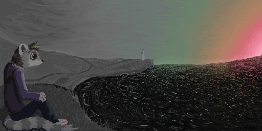 anthro black_bottomwear black_clothing black_pants blue_clothing blue_hoodie blue_topwear bottomwear brown_body brown_fur clothing detailed_background fur hoodie male pants sea solo topwear water demensa mammal procyonid raccoon 2020 digital_media_(artwork) pixel_(artwork)