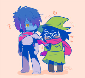anthro blush chibi clothing duo eyes_closed eyewear footwear fur glasses hair hat headgear headwear heart_symbol male narrow_hips question_mark scarf shoulder_pads simple_background simple_eyes bano_akira deltarune undertale_(series) kris_dreemurr ralsei bovid caprine darkner goat human mammal 2019 signature