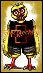 3_fingers 3_toes anthro beak black_border black_bottomwear black_clothing black_eyebrows black_shirt black_shorts black_tank_top black_topwear blonde_hair border bottomwear claws clothing eyebrows feather_hair feather_hands feathers feet female female_anthro fingers flat_chested front_view hair light looking_at_viewer open_beak open_mouth orange_beak pseudo_hair red_eyes red_tongue sharp_teeth shirt short_hair shorts simple_background solo talons tank_top teeth text toe_claws toes tongue tongue_out toothed_beak topwear torn_bottomwear torn_clothing torn_shorts white_claws yellow_background yellow_body yellow_feathers tehcreechibi five_nights_at_freddy's rammstein scottgames chica_(fnaf) avian bird chicken galliform gallus_(genus) phasianid 2015 artist_name english_description full-length_portrait lighting marker_(artwork) pen_(artwork) portrait shaded traditional_media_(artwork)