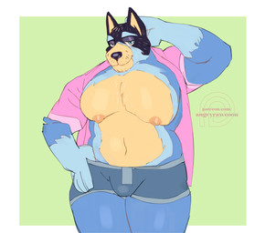 anthro belly black_body black_fur blue_body blue_eyes blue_fur body_hair bottomwear bulge chest_hair clothed clothing facial_hair fur half-closed_eyes hand_behind_head hand_on_hip looking_at_viewer male musclegut muscular muscular_anthro muscular_male narrowed_eyes navel nipples open_clothing open_shirt open_topwear overweight pecs pose shirt simple_background smile solo standing tan_body tan_fur topwear underwear angryrawcoon bluey_(series) bandit_heeler australian_cattle_dog canid canine canis cattledog domestic_dog herding_dog mammal pastoral_dog digital_media_(artwork)