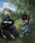 anthro barefoot blue_clothing blue_dress blue_eyes blue_sky breasts brown_hair clothed clothing cloud dancing day detailed_background dog_tags dress duo eyes_closed feet female fully_clothed fur grass guitar hair hand_above_head hand_on_hip hand_on_own_hip holding_guitar holding_musical_instrument holding_object jewelry long_fur long_hair male musical_instrument necklace on_one_leg on_rock outside plant playing_guitar playing_music plucked_string_instrument rock short_tail sitting sitting_on_rock sky smile standing string_instrument tail tail_tuft tree tuft whisker_spots whiskers white_body white_fur chorny_vasiliok the_hunger_games coriolanus_snow lucy_gray_baird caracal caracal_(genus) felid feline lion mammal pantherine 2024 4:5 digital_drawing_(artwork) digital_media_(artwork) hi_res shaded