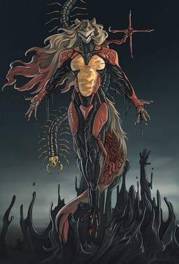 4_fingers 4_toes anthro armor biped blonde_hair claws duo feet female feral finger_claws fingers fur gore guts hair intestines long_hair looking_at_viewer multicolored_hair orange_eyes organs red_hair ribs tan_body tan_fur toe_claws toes translucent translucent_body two_tone_hair white_body white_fur creepy_gun death_stranding arthropod centipede myriapod sergal 2026 digital_media_(artwork) hi_res