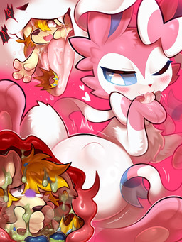 ambiguous_gender anthro blue_sclera crown duo feral fur headgear kemono licking pink_body pink_fur slime tongue vore white_body white_fur tianhua nintendo pokemon canid canine canis domestic_dog eeveelution generation_6_pokemon mammal pokemon_(species) sylveon 3:4 hi_res