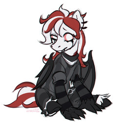 ambiguous_feral ambiguous_gender bottomwear clothed clothed_feral clothing ear_piercing ear_ring feral grey_bottomwear grey_clothing grey_pants grey_topwear grey_wings hair long_hair makeup membrane_(anatomy) membranous_wings mouth_closed multicolored_hair no_pupils pants piercing red_hair red_sclera red_tail ring_piercing running_makeup semi-anthro simple_background sitting solo tail topwear two_tone_hair white_background white_body white_eyes white_hair white_tail wings lostgoose hasbro my_little_pony equid equine mammal 1:1 2024 dated hi_res signature