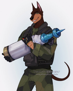 ammunition anthro apfsds arm_tattoo athletic athletic_anthro camo camo_clothing camo_print clothing fatigues german_flag green_eyes holding_object male military_uniform pattern_clothing smile smiling_at_viewer solo tank_round tattoo uniform peachylu sebastian_wolk canid canine canis dobermann domestic_dog mammal pinscher hi_res portrait three-quarter_portrait